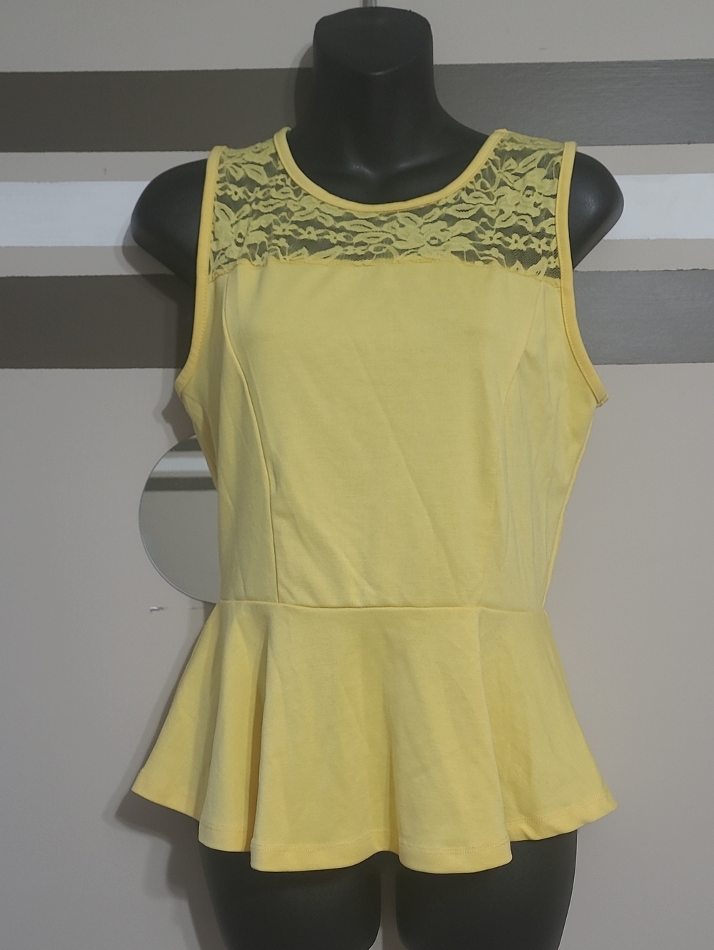 Yellow Lace Yoke Peplum Tank Top